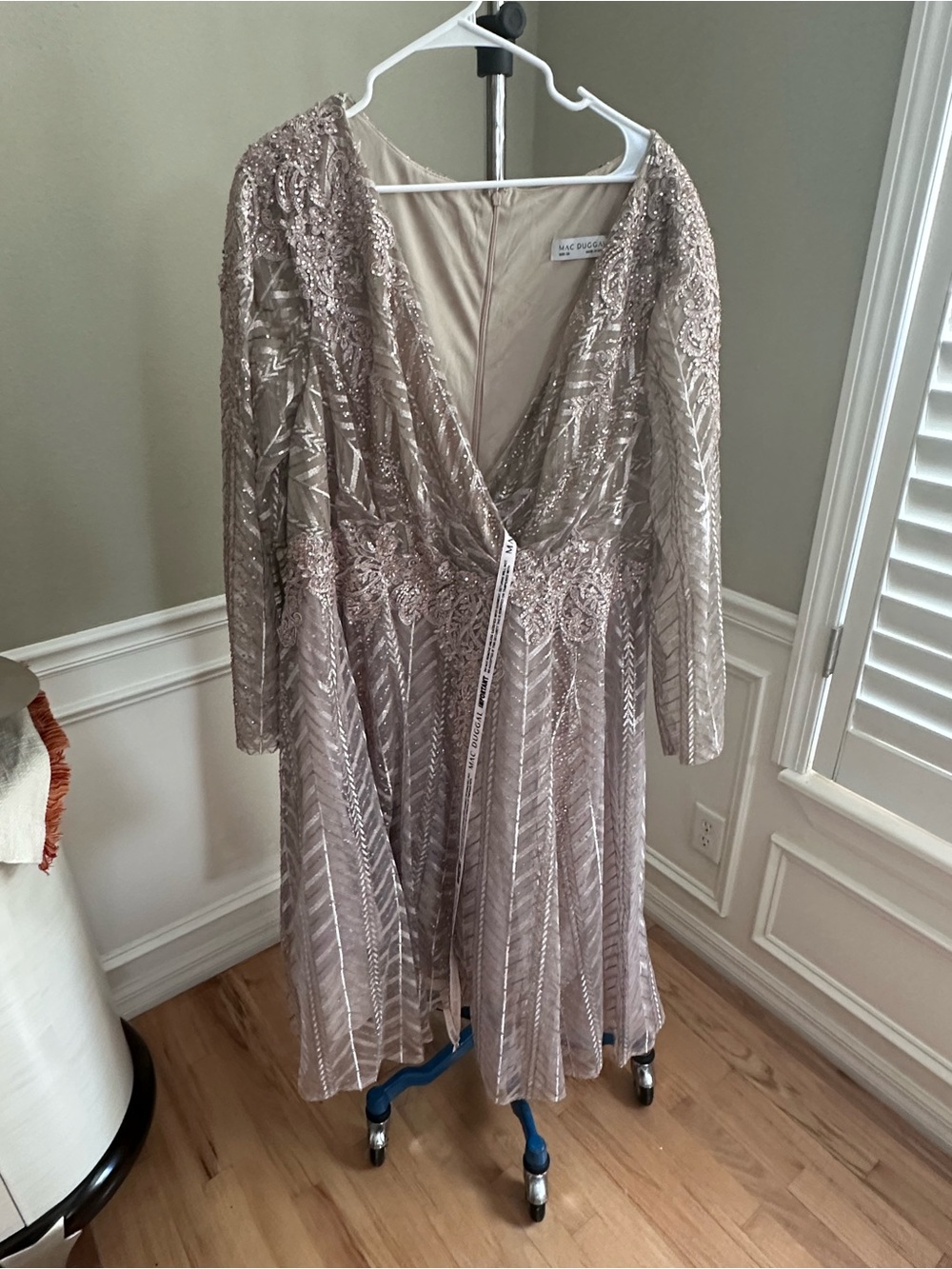Mac Duggal Champagne Lace & Sequin V-Neck Long Sleeve Gown